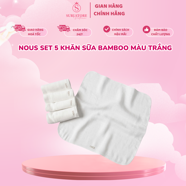  Set 5 Khăn Sữa Bamboo Nous Màu Trắng - Kháng Khuẩn & Siêu Mềm Mại 