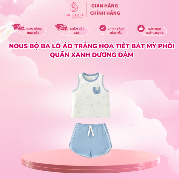  Bộ Ba Lỗ Nous Áo Trắng Họa Tiết Bát Mỳ Phối Quần Xanh Dương Đậm 