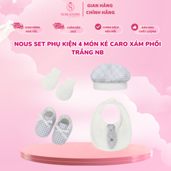 Set Phụ Kiện 4 Món Nous Kẻ Caro Xám Phối Trắng - Size NB (Newborn)