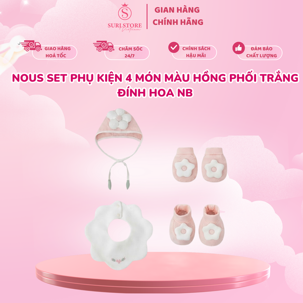  Set Phụ Kiện 4 Món Nous Màu Hồng Phối Trắng Đính Hoa - Size NB 