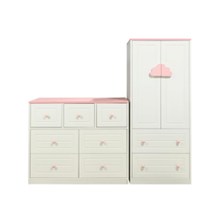 Set tủ gỗ trắng đứng núm hồng 2 cánh 2 ngăn + tủ gỗ ngang 7 ngăn