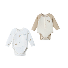 Nous Set 2 bodysuit dài tay trắng be in họa tiết gấu nâu Petit
