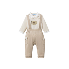 Nous Bộ dài tay áo cài lệch be phối quần yếm nâu Petit