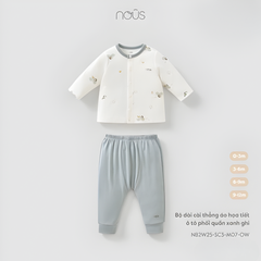 Nous Bộ dài cài thẳng áo họa tiết ô tô phối quần xanh ghi Velours