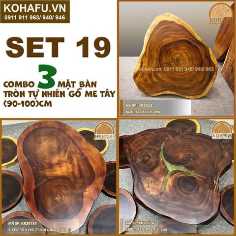 COMBO 3 MẶT BÀN TRÒN TỰ NHIÊN GỖ ME TÂY (90-100)CM - SET 19