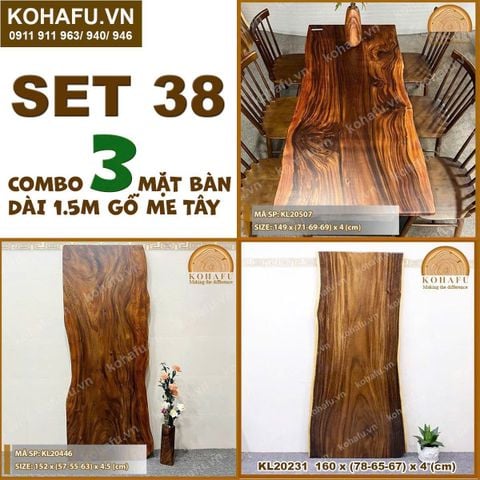 COMBO 3 MẶT BÀN DÀI 1.5M  CAFE GỖ ME TÂY NGUYÊN TẤM - SET 38