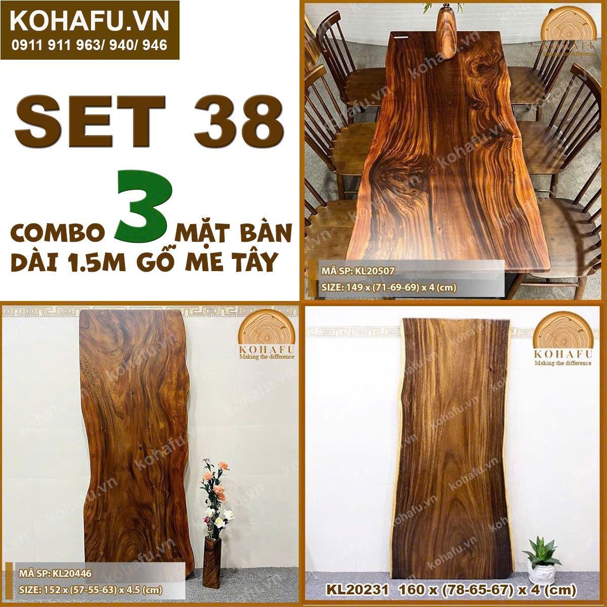 COMBO 3 MẶT BÀN DÀI 1.5M  CAFE GỖ ME TÂY NGUYÊN TẤM - SET 38