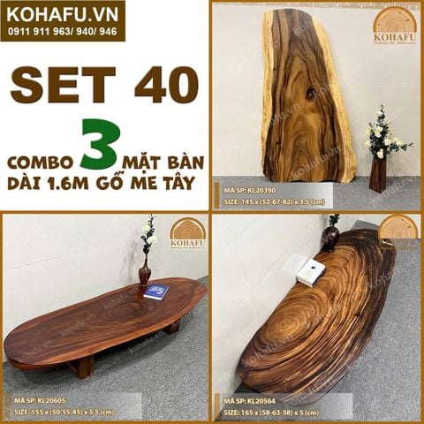 COMBO 3 MẶT BÀN DÀI 1.6M GỖ ME TÂY NGUYÊN TẤM TỰ NHIÊN - SET 40