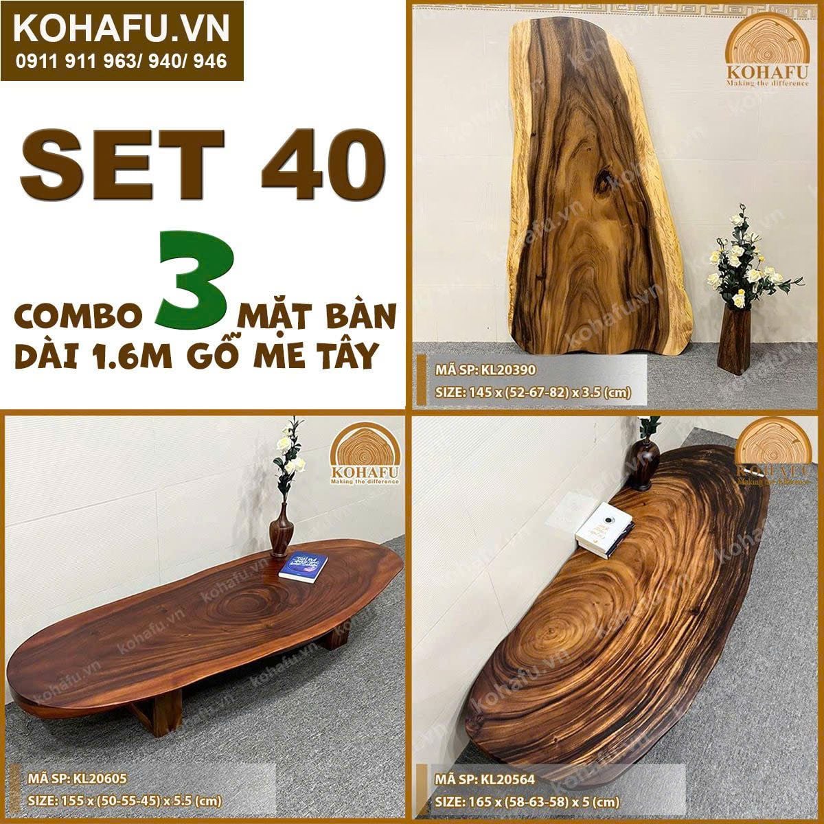 COMBO 3 MẶT BÀN DÀI 1.6M GỖ ME TÂY NGUYÊN TẤM TỰ NHIÊN - SET 40