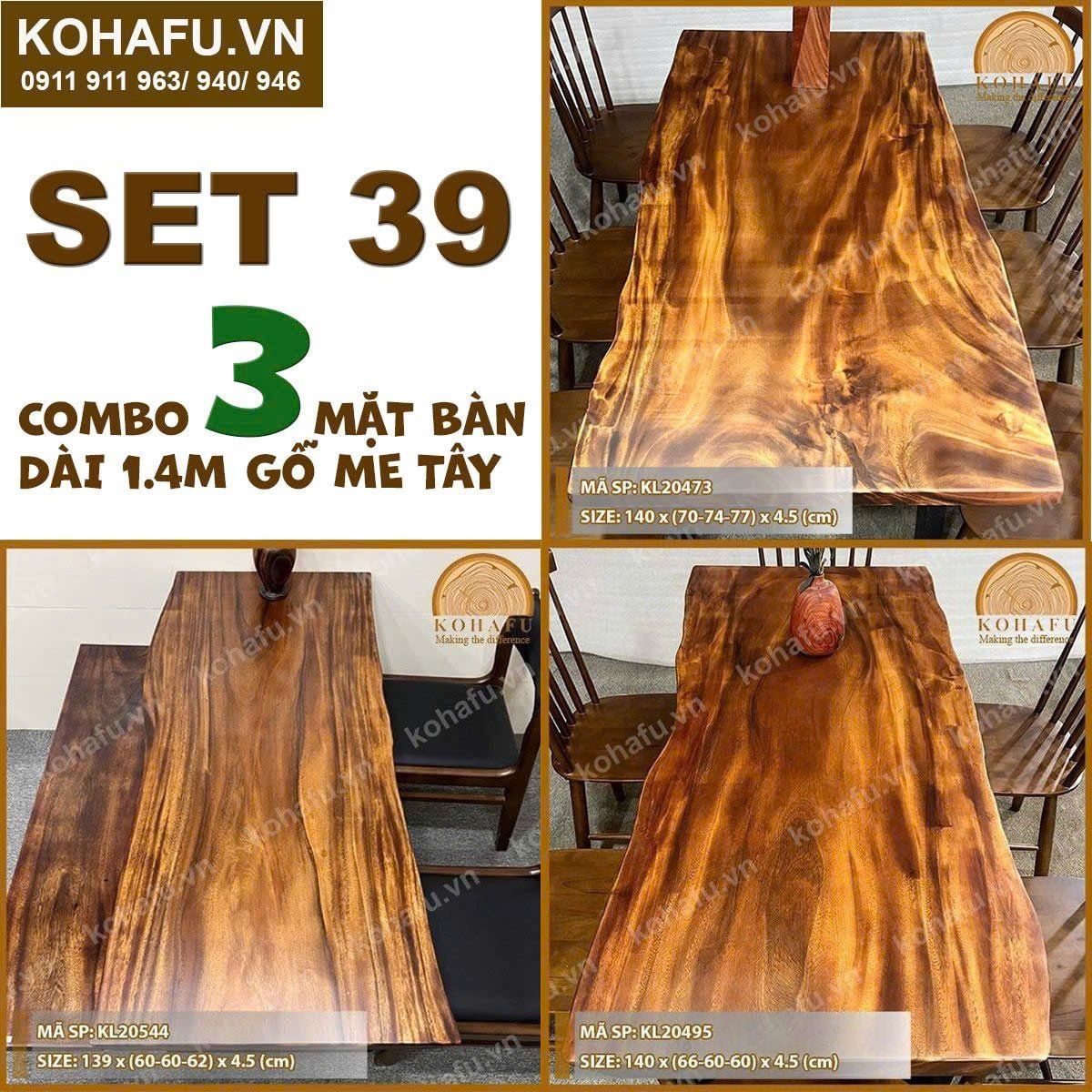 COMBO 3 MẶT BÀN DÀI 1.4M GỖ ME TÂY NGUYÊN TẤM - SET 39