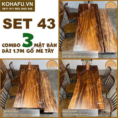 COMBO 3 MẶT BÀN DÀI 1.7M GỖ ME TÂY NGUYÊN TẤM TỰ NHIÊN - SET 43