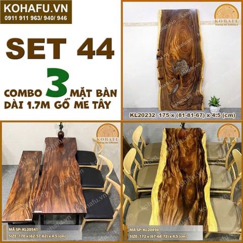 COMBO 3 MẶT BÀN DÀI 1.7M GỖ ME TÂY NGUYÊN TẤM TỰ NHIÊN - SET 44
