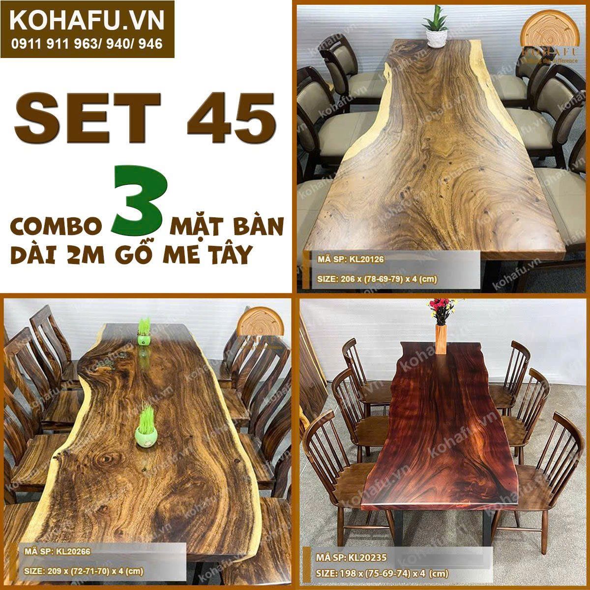 COMBO 3 MẶT BÀN DÀI 2M GỖ ME TÂY NGUYÊN TẤM TỰ NHIÊN - SET 45