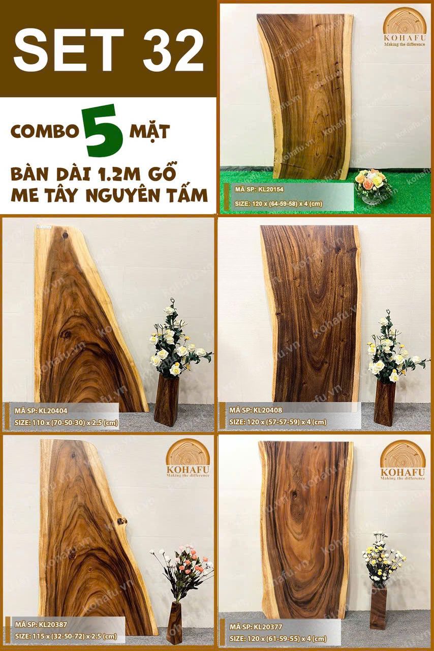 COMBO 5 MẶT BÀN DÀI 1.2M CAFE GỖ ME TÂY KIỂU DÁNG TỰ NHIÊN - SET 32