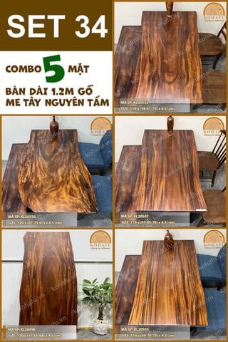 COMBO 5 MẶT BÀN DÀI 1.2M CAFE GỖ ME TÂY KIỂU DÁNG TỰ NHIÊN - SET 34