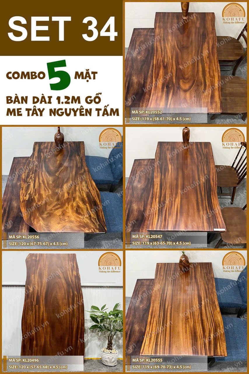 COMBO 5 MẶT BÀN DÀI 1.2M CAFE GỖ ME TÂY KIỂU DÁNG TỰ NHIÊN - SET 34