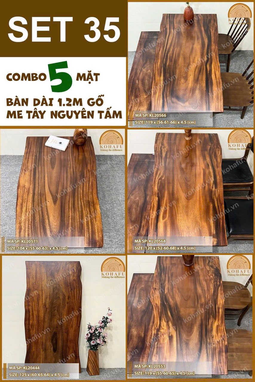 COMBO 5 MẶT BÀN DÀI 1.2M CAFE GỖ ME TÂY KIỂU DÁNG TỰ NHIÊN - SET 35