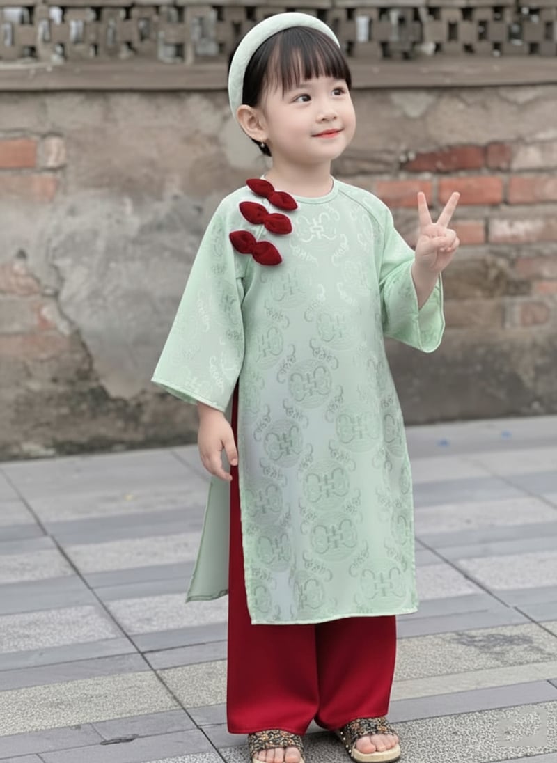 Bộ áo dài bé gái gấm nút tàu