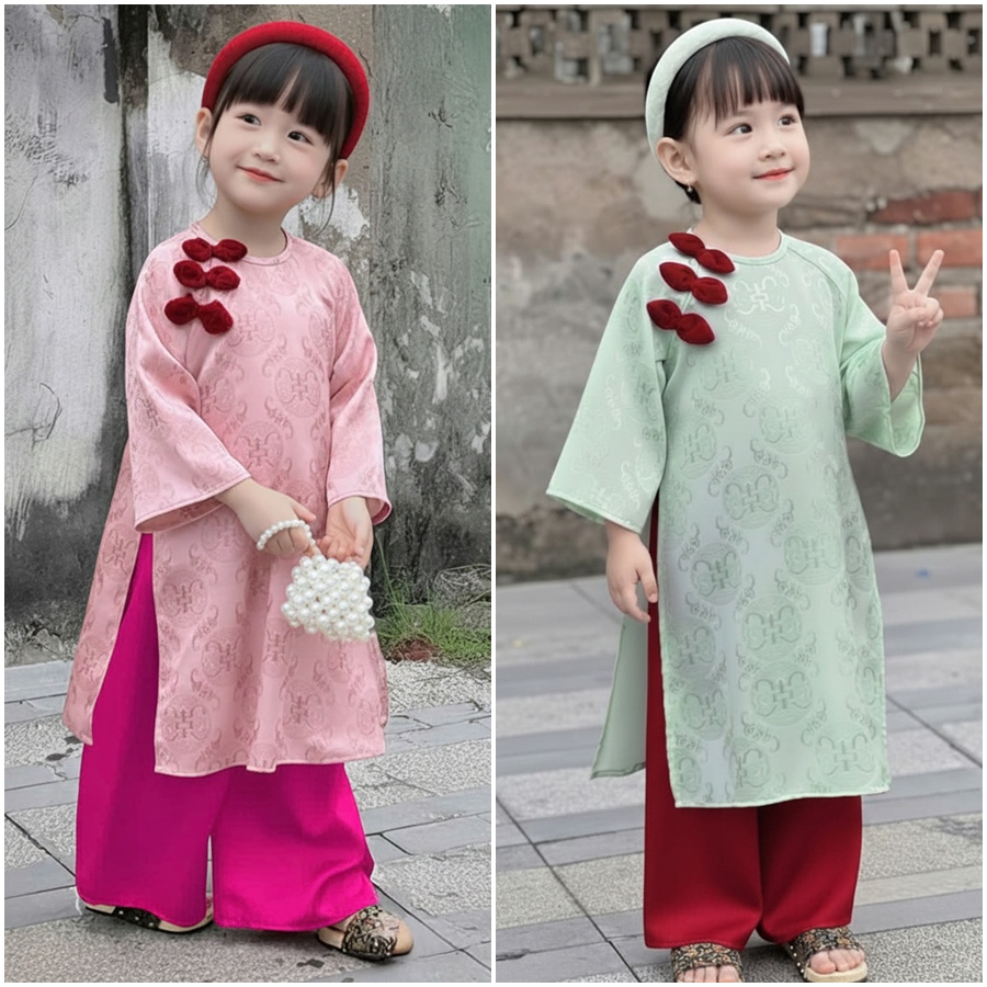 Bộ áo dài bé gái gấm nút tàu