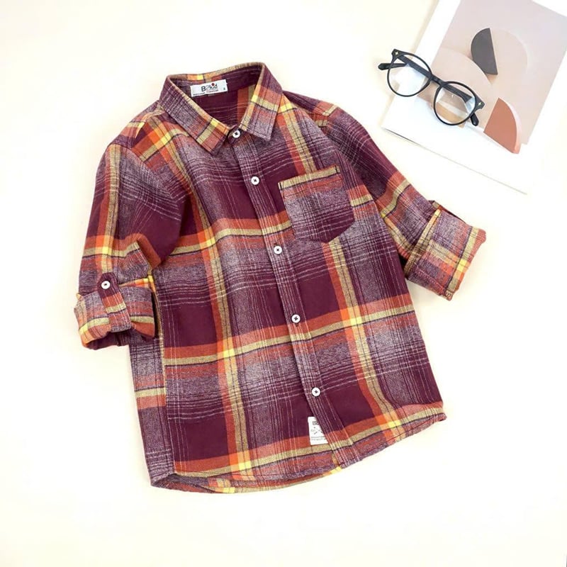 Áo sơ mi bé trai dài tay phối sọc cam