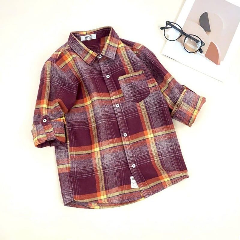 Áo sơ mi bé trai dài tay phối sọc cam
