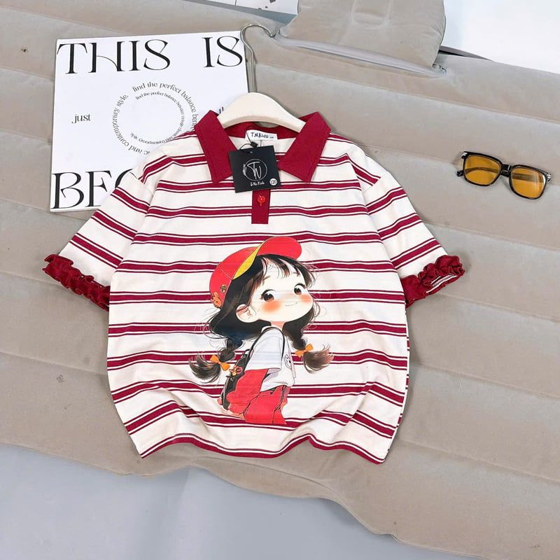 Áo thun bé gái sọc cô gái cổ polo