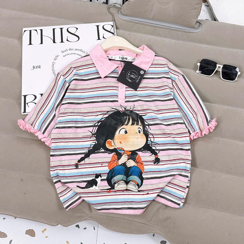 Áo thun bé gái sọc cô gái cổ polo