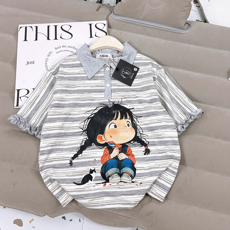 Áo thun bé gái sọc cô gái cổ polo