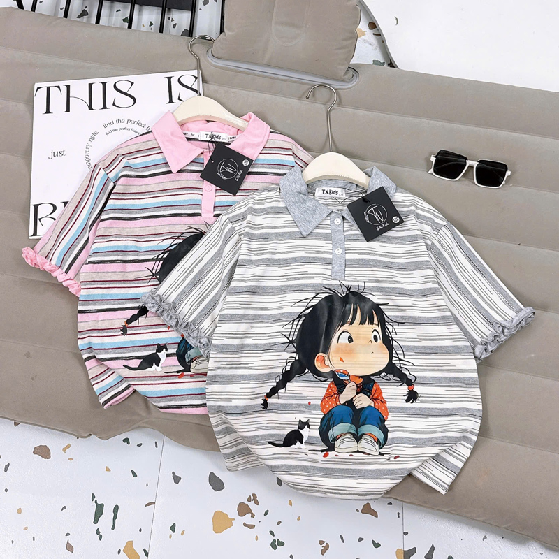 Áo thun bé gái sọc cô gái cổ polo