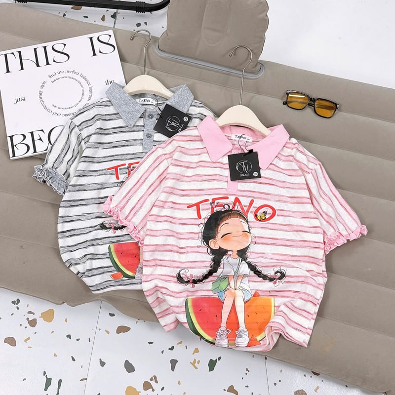 Áo thun bé gái sọc cổ polo Teno dưa hấu