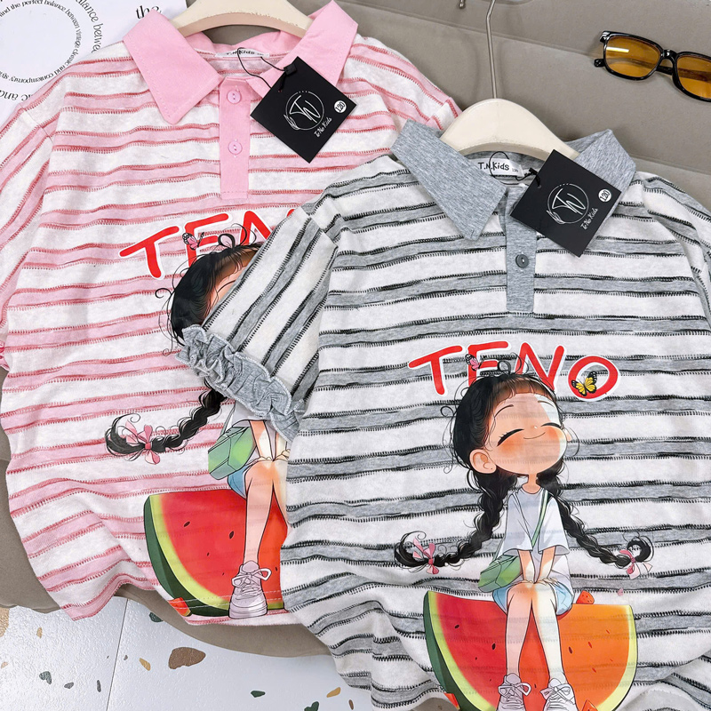 Áo thun bé gái sọc cổ polo Teno dưa hấu