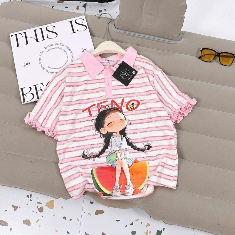 Áo thun bé gái sọc cổ polo Teno dưa hấu