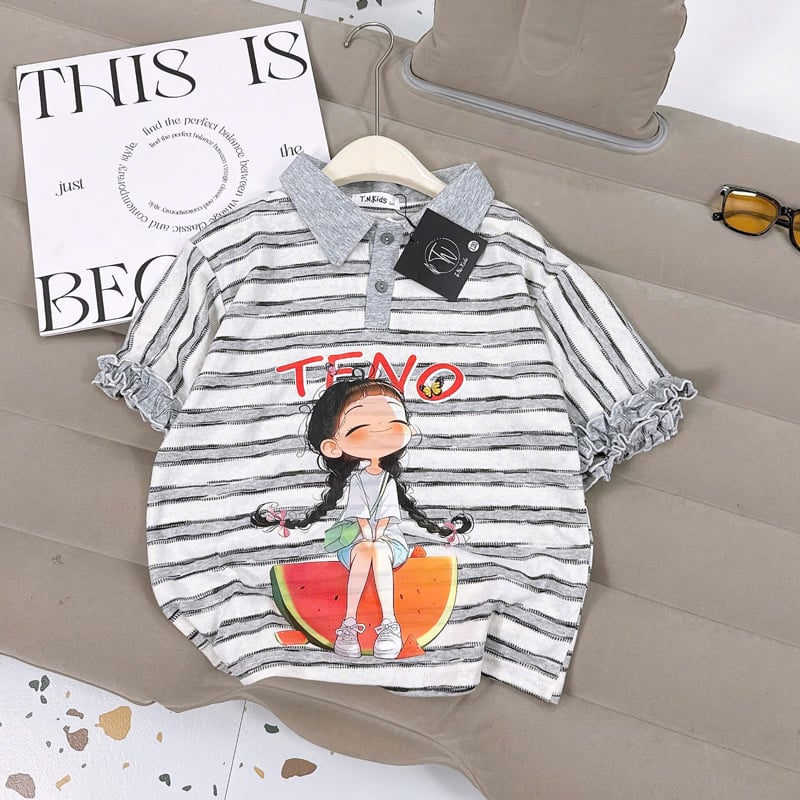 Áo thun bé gái sọc cổ polo Teno dưa hấu