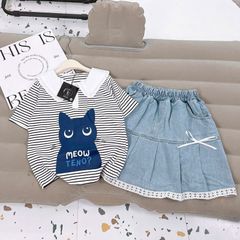 Bộ chân váy jean bé gái sọc mèo Teno