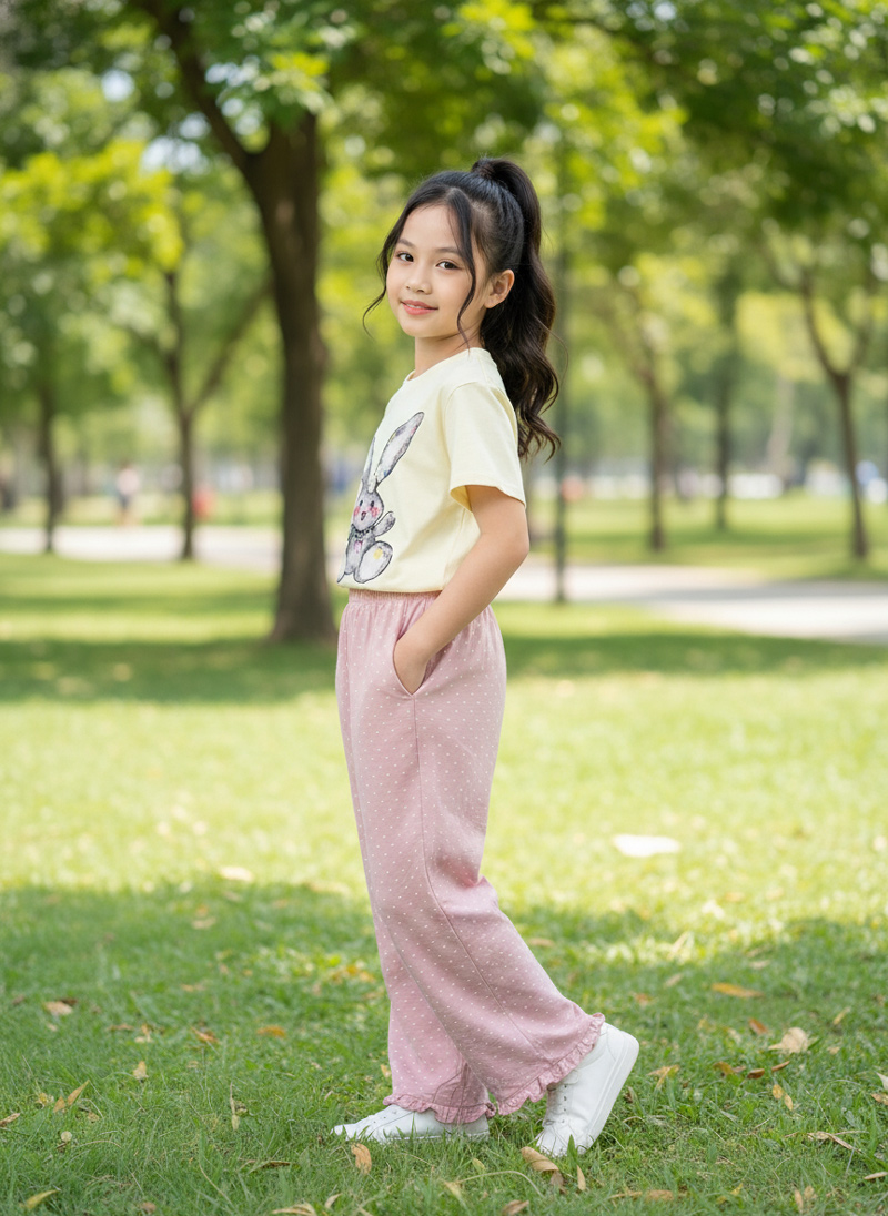 Bộ thun bé gái dài đũi suông thỏ