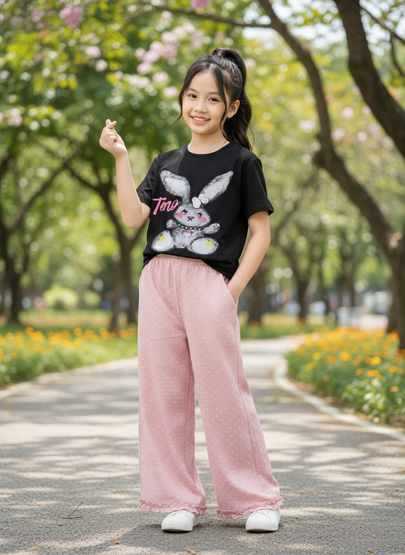 Bộ thun bé gái dài đũi suông thỏ