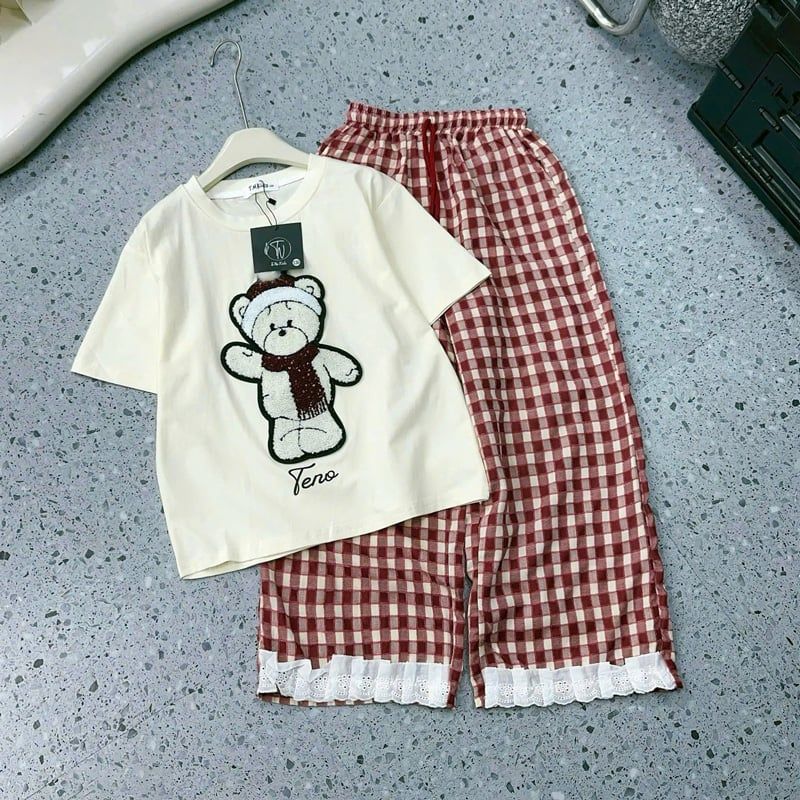 Bộ thun dài bé gái đũi ren gấu đính đá