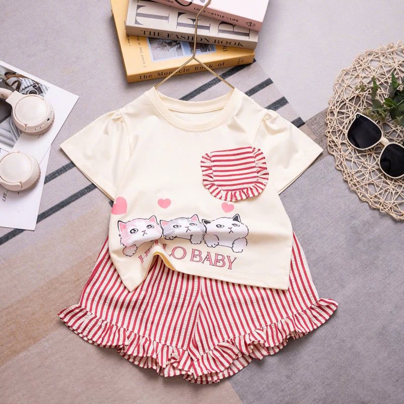 Bộ đùi bé gái bèo sọc túi mèo