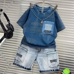 Bộ jean bé trai wash đá túi chữ