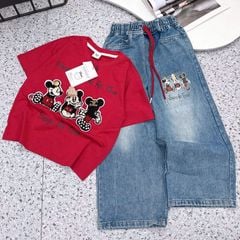 Bộ jean dài bé gái 3 Mickey đá
