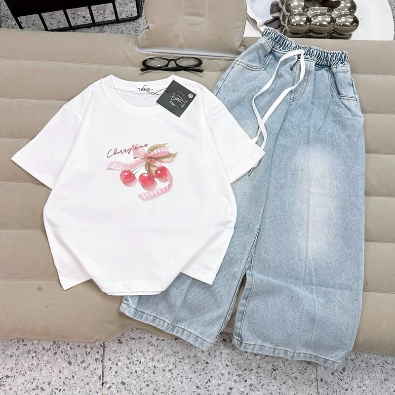 Bộ jean dài bé gái Cherry nơ