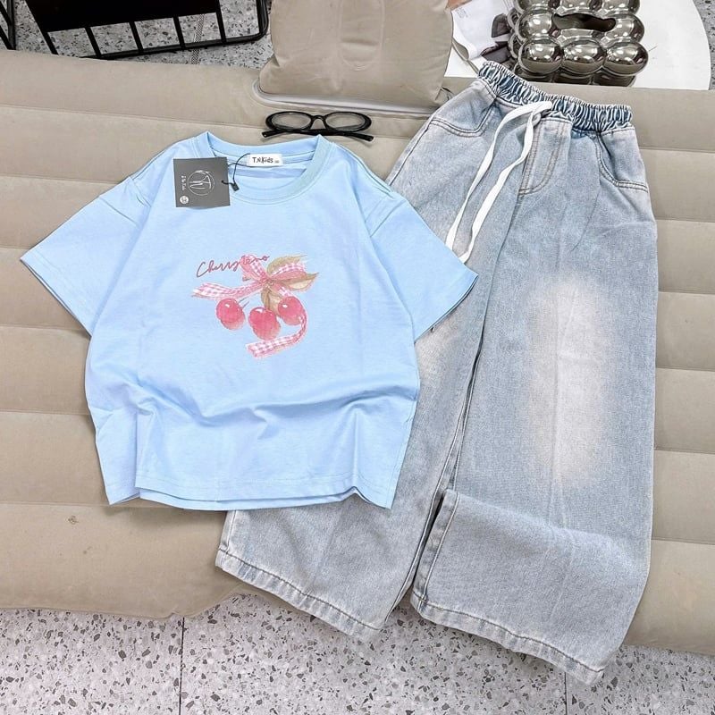 Bộ jean dài bé gái Cherry nơ