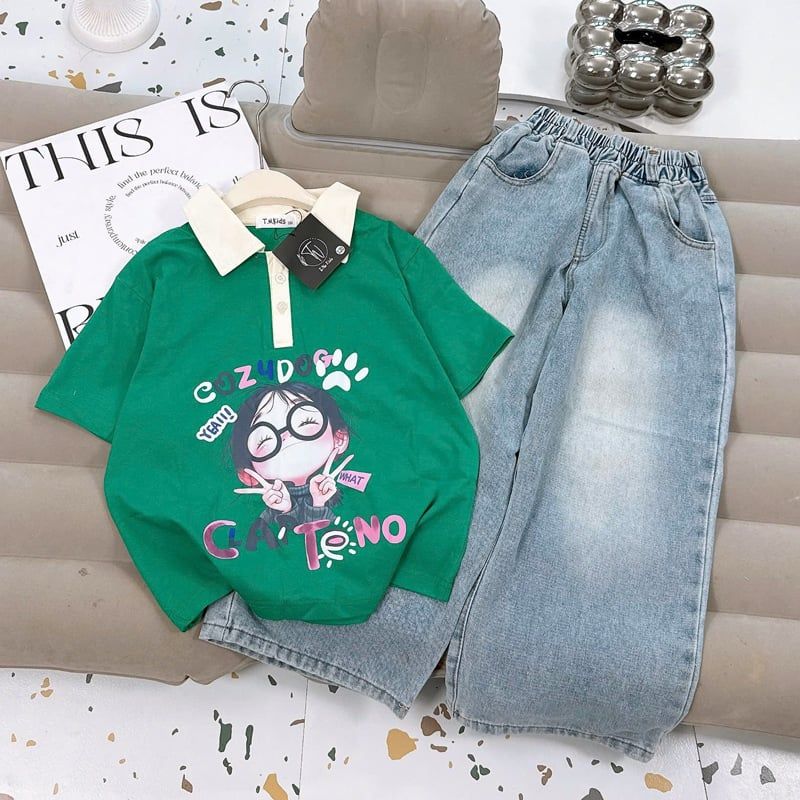 Bộ jean dài bé gái sọc cổ trụ CozyDog