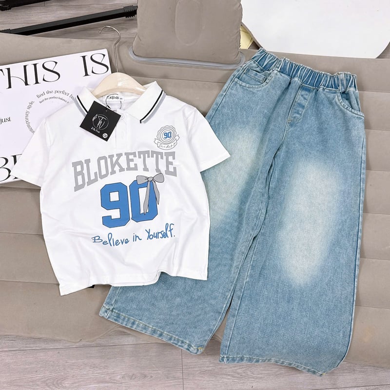 Bộ jean dài bé gái cổ trụ số 90