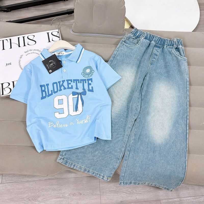 Bộ jean dài bé gái cổ trụ số 90