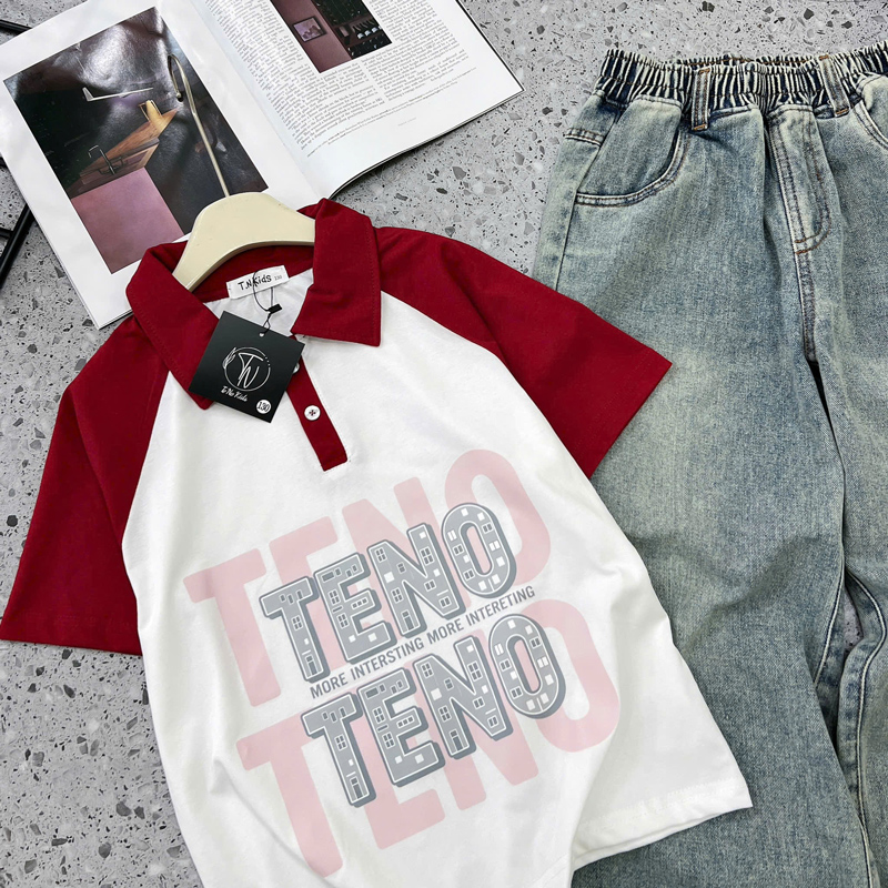 Bộ jean dài bé gái cổ trụ Teno