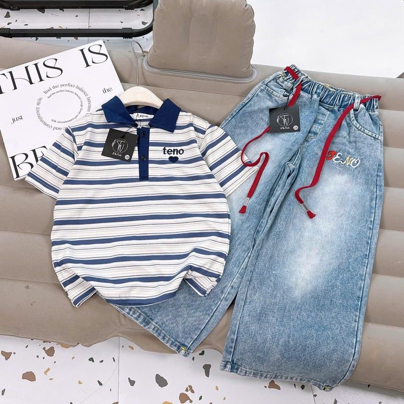 Bộ jean dài bé gái sọc cổ trụ Teno