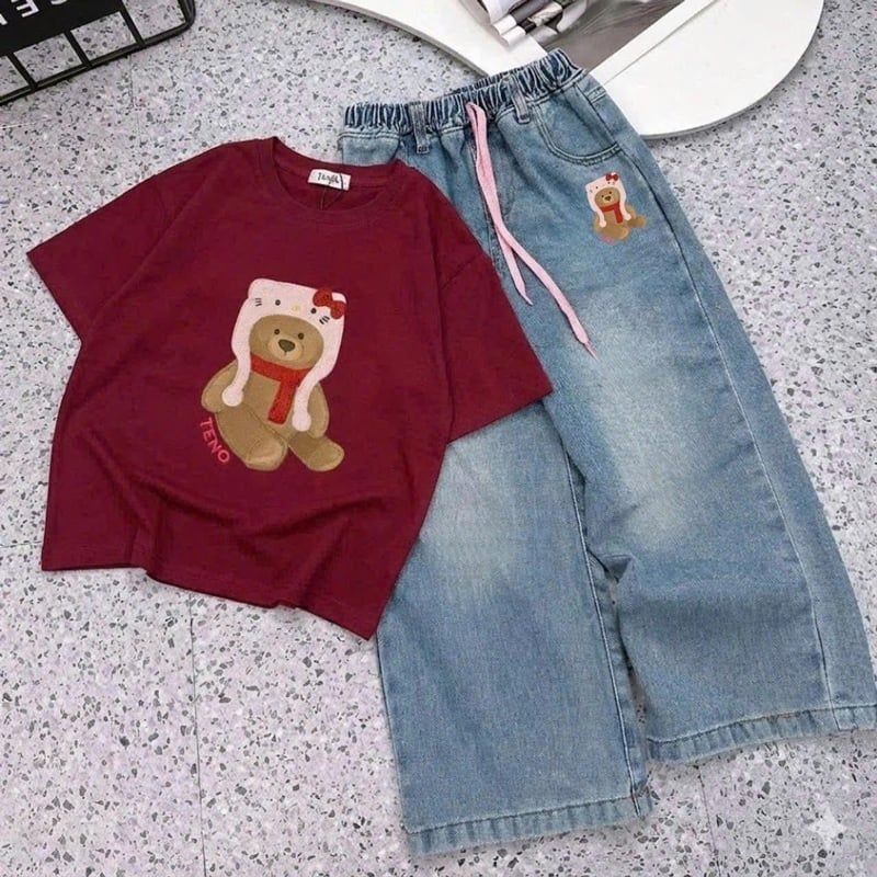 Bộ jean dài bé gái gấu đội nón