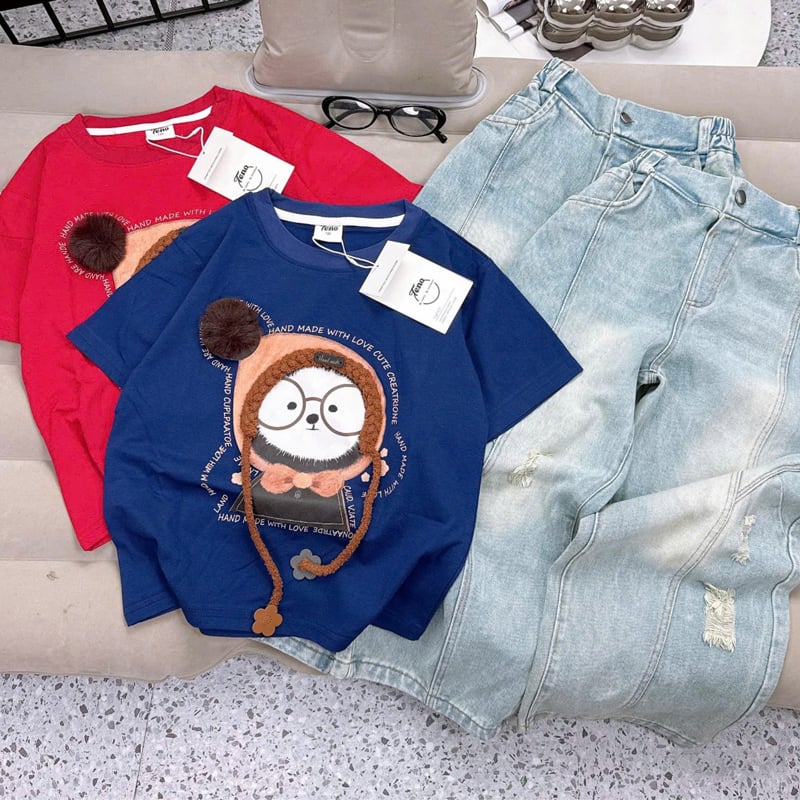 Bộ jean dài bé gái gấu trúc kiếng