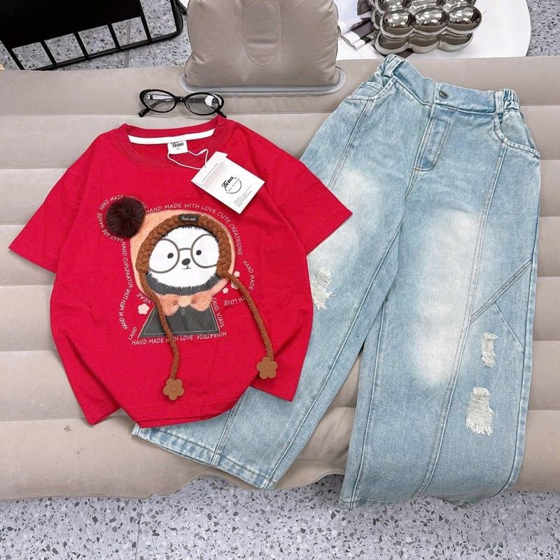 Bộ jean dài bé gái gấu trúc kiếng